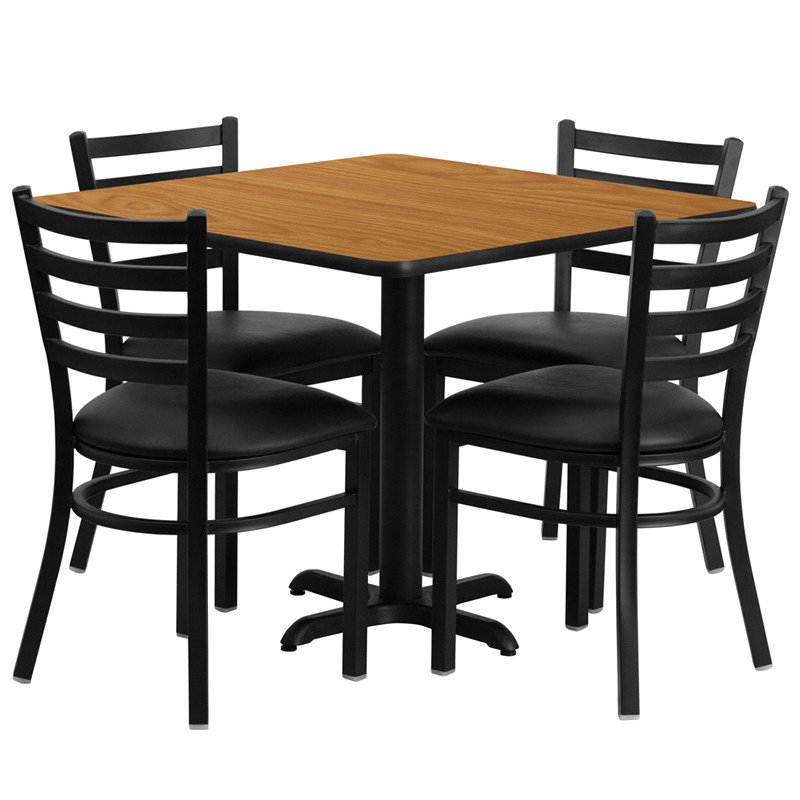 Flash Furniture 36" Square Natural Laminate Table Set with X-Base and 4 Ladder Back Metal Chairs Black Vinyl Seat, Model# HDBF1015-GG