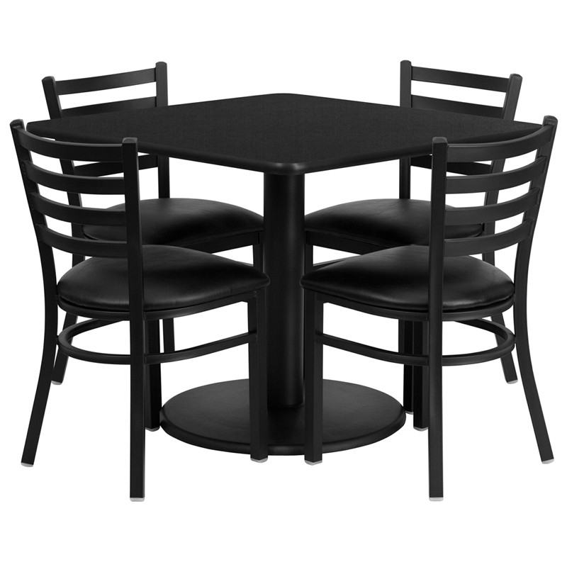 Flash Furniture 36" Square Black Laminate Table Set with Round Base and 4 Ladder Back Metal Chairs Black Vinyl Seat, Model# RSRB1013-GG