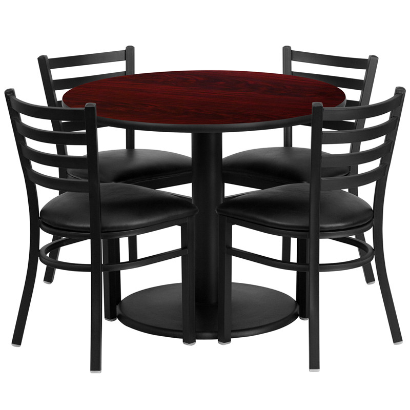 Flash Furniture 36" Round Mahogany Laminate Table Set with Round Base and 4 Ladder Back Metal Chairs Black Vinyl Seat, Model# RSRB1030-GG