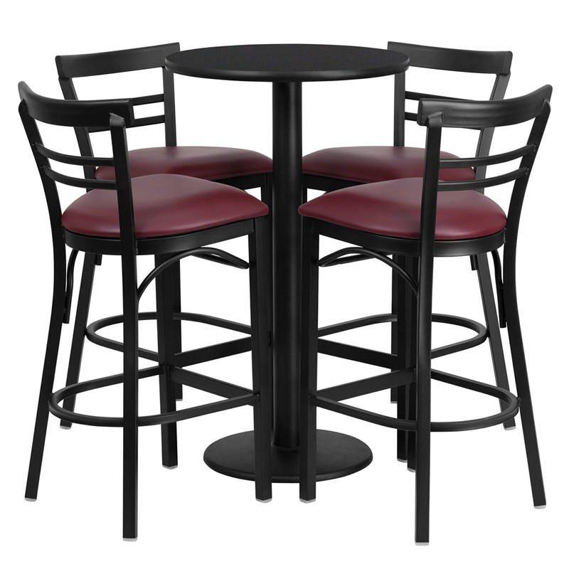 Flash Furniture 24" Round Black Laminate Table Set with Round Base and 4 Two-Slat Ladder Back Metal Barstools Burgundy Vinyl Seat, Model#