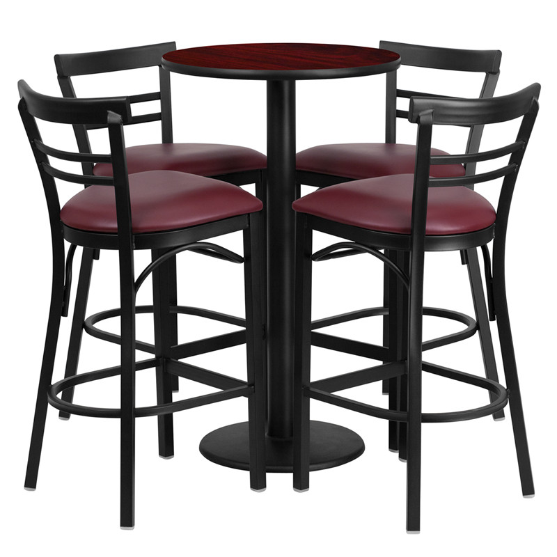 Flash Furniture 24" Round Mahogany Laminate Table Set with Round Base and 4 Two-Slat Ladder Back Metal Barstools Burgundy Vinyl Seat, Model#