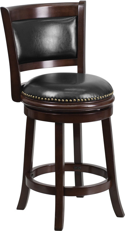 Flash Furniture 24" High Cappuccino Wood Counter Height Stool with Panel Back and Black LeatherSoft Swivel Seat, Model# TA-61024-CA-CTR-GG