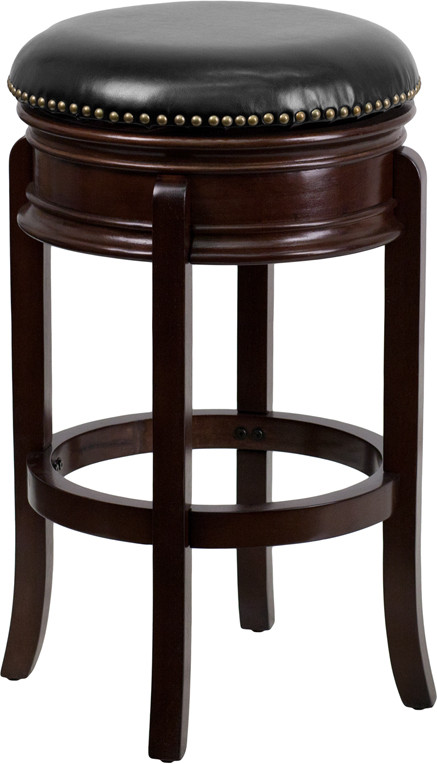 Flash Furniture 29" High Backless Cappuccino Wood Barstool with Carved Apron and Black LeatherSoft Swivel Seat, Model# TA-68829-CA-GG