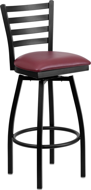 Flash Furniture HERCULES Series Black Ladder Back Swivel Metal Barstool Burgundy Vinyl Seat, Model# XU-6F8B-LADSWVL-BURV-GG