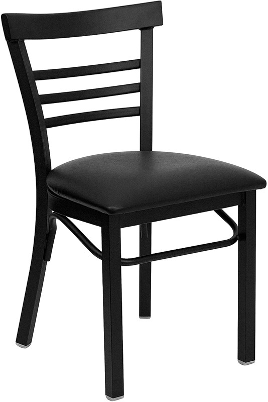 Flash Furniture HERCULES Series Black Three-Slat Ladder Back Metal Restaurant Chair Black Vinyl Seat, Model# XU-DG6Q6B1LAD-BLKV-GG