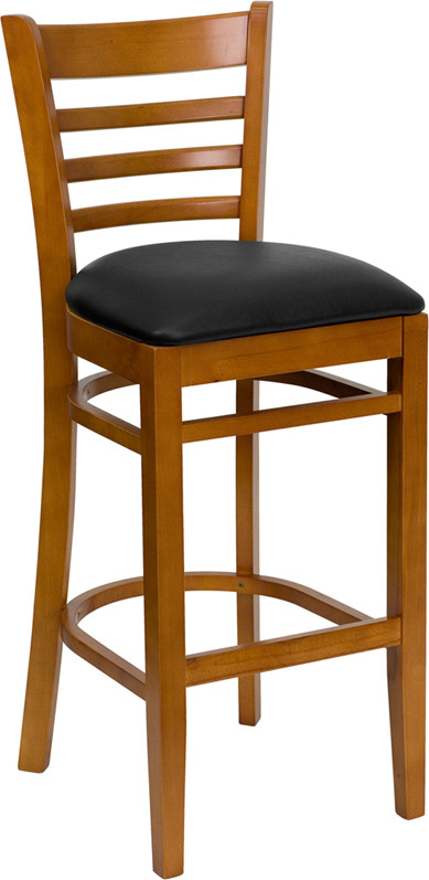 Flash Furniture HERCULES Series Ladder Back Cherry Wood Restaurant Barstool Black Vinyl Seat, Model# XU-DGW0005BARLAD-CHY-BLKV-GG