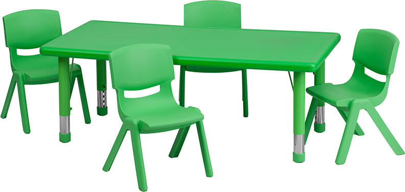 Flash Furniture 24"W x 48"L Rectangular Green Plastic Height Adjustable Activity Table Set with 4 Chairs, Model#