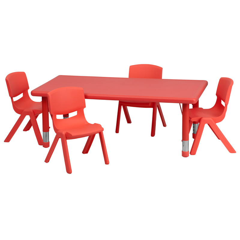 Flash Furniture 24"W x 48"L Rectangular Red Plastic Height Adjustable Activity Table Set with 4 Chairs, Model#