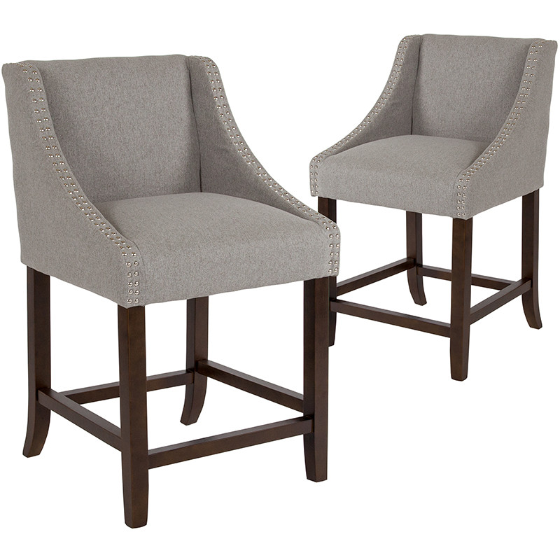 Flash Furniture Carmel Series 24" High Transitional Walnut Counter Height Stool with Nail Trim in Light Gray Fabric, Set of 2, Model#