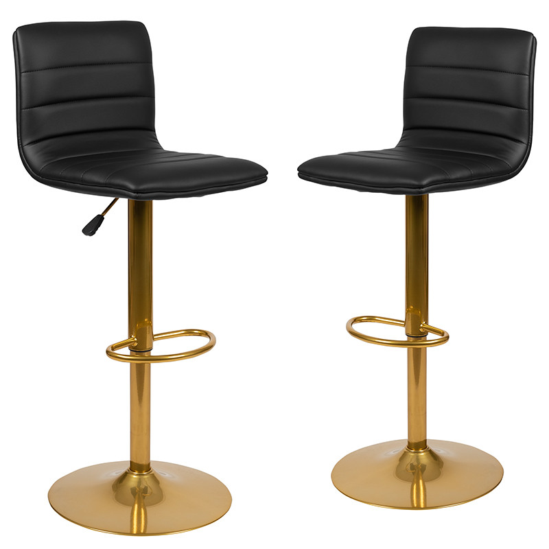 Flash Furniture Modern Black Vinyl Adjustable Bar Stool with Back, Counter Height Swivel Stool with Gold Pedestal Base, Set of 2, Model#