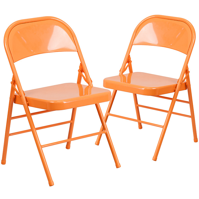 Flash Furniture 2 Pack HERCULES COLORBURST Series Orange Marmalade Triple Braced & Double Hinged Metal Folding Chair, Model# 2-HF3-ORANGE-GG