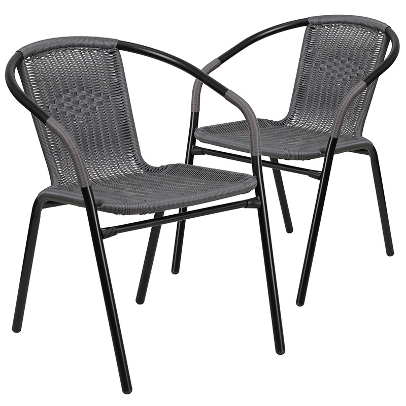 Flash Furniture 2 Pack Gray Rattan Indoor-Outdoor Restaurant Stack Chair, Model# 2-TLH-037-GY-GG