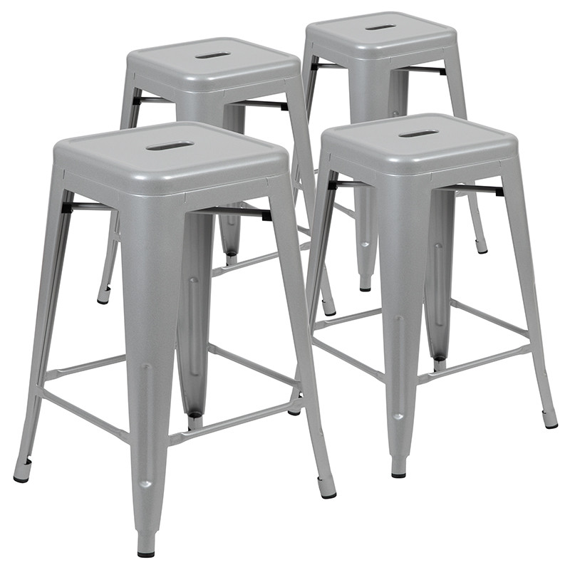 Flash Furniture 24" High Metal Counter-Height, Indoor Bar Stool in Silver Stackable Set of 4, Model# 4-ET-31320-24-SV-R-GG