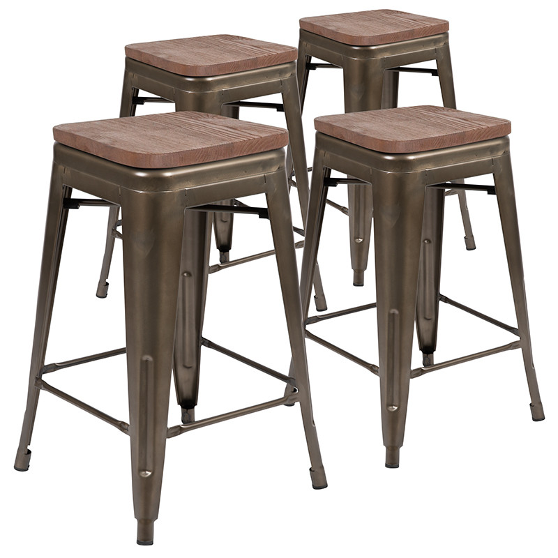 Flash Furniture 24" High Metal Counter-Height, Indoor Bar Stool with Wood Seat in Gun Metal Gray Stackable Set of 4, Model#
