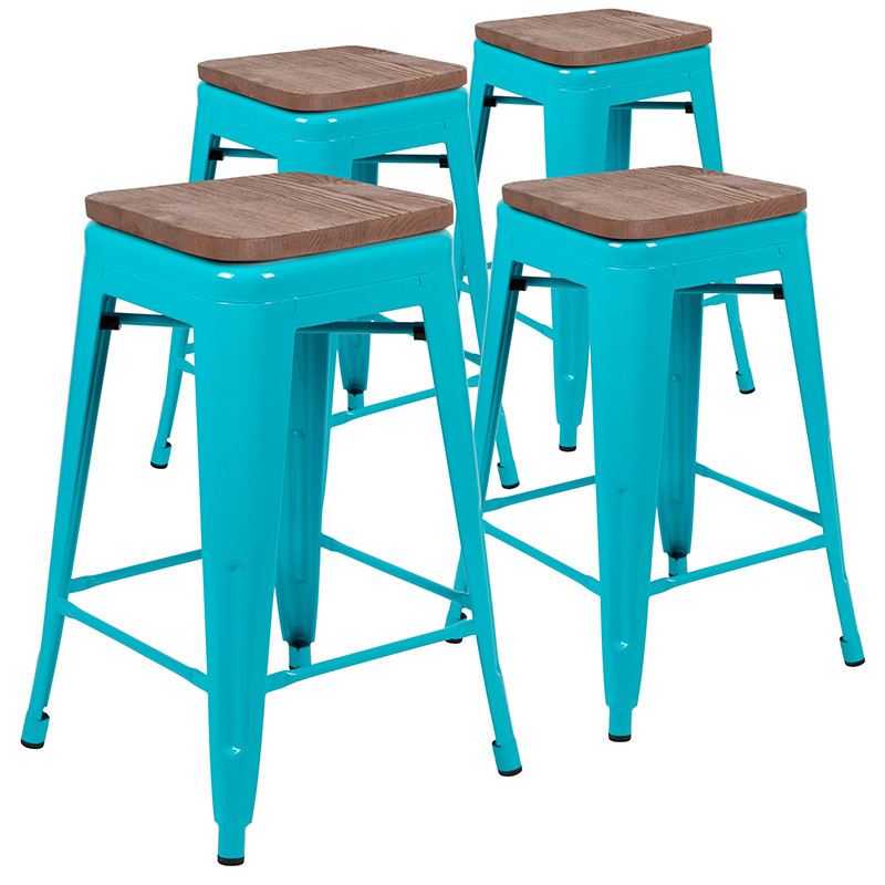 Flash Furniture 24" High Metal Counter-Height, Indoor Bar Stool with Wood Seat in Teal Stackable Set of 4, Model# 4-ET-31320W-24-TL-R-GG