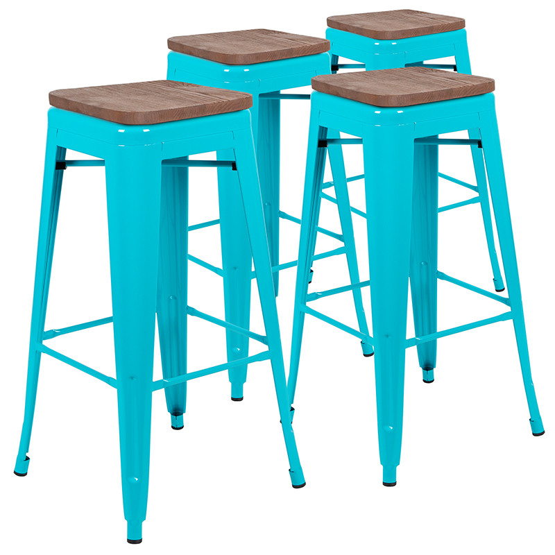 Flash Furniture 30" High Metal Indoor Bar Stool with Wood Seat in Teal Stackable Set of 4, Model# 4-ET-31320W-30-TL-R-GG