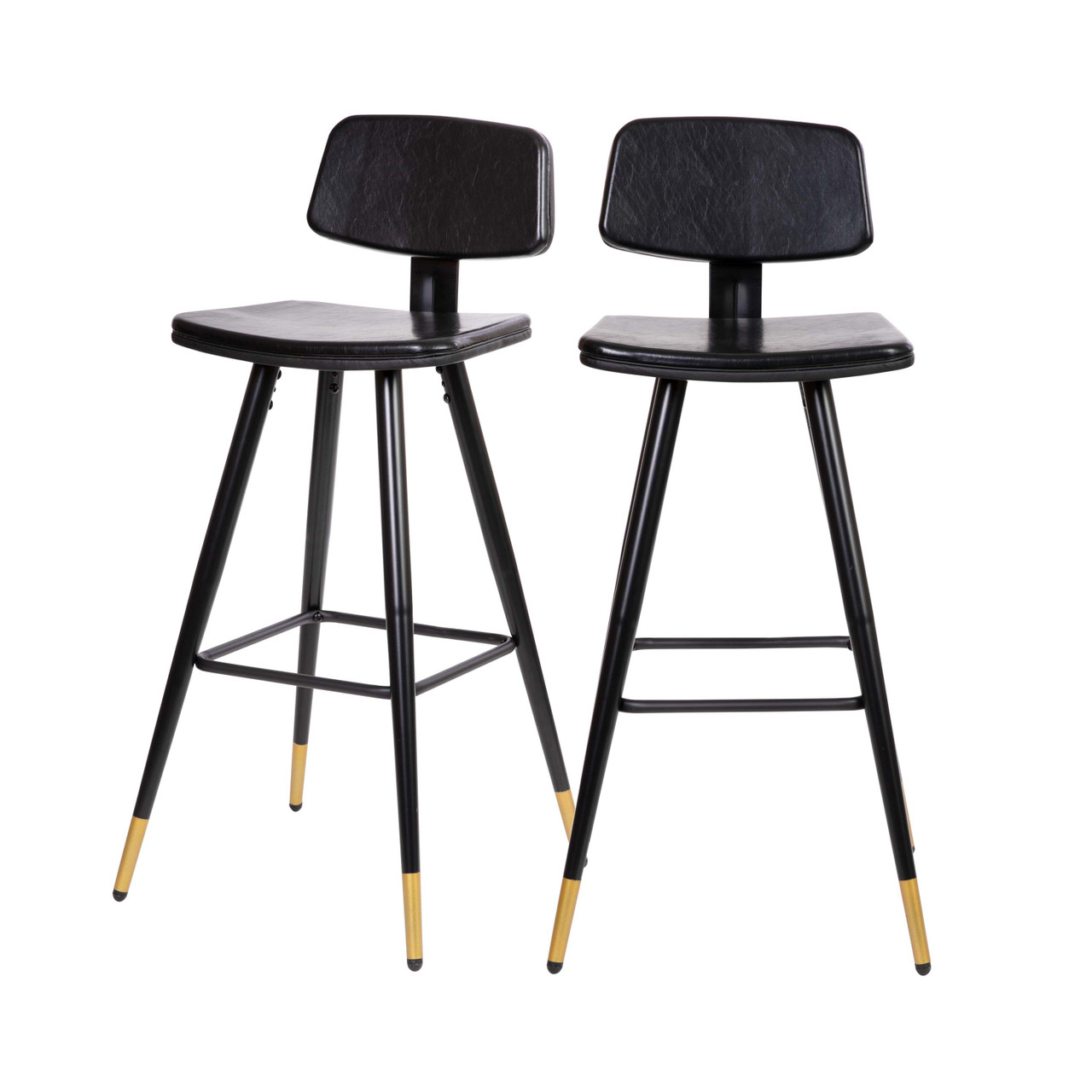 Flash Furniture Kora Commercial Grade Low Back Barstools-Black LeatherSoft Upholstery-Black Iron Frame-Integrated Footrest-Gold Tipped Legs-Set of 2,