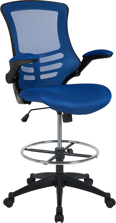 Flash Furniture Mid-Back Blue Mesh Ergonomic Drafting Chair with Adjustable Foot Ring and Flip-Up Arms, Model# BL-X-5M-D-BLUE-GG