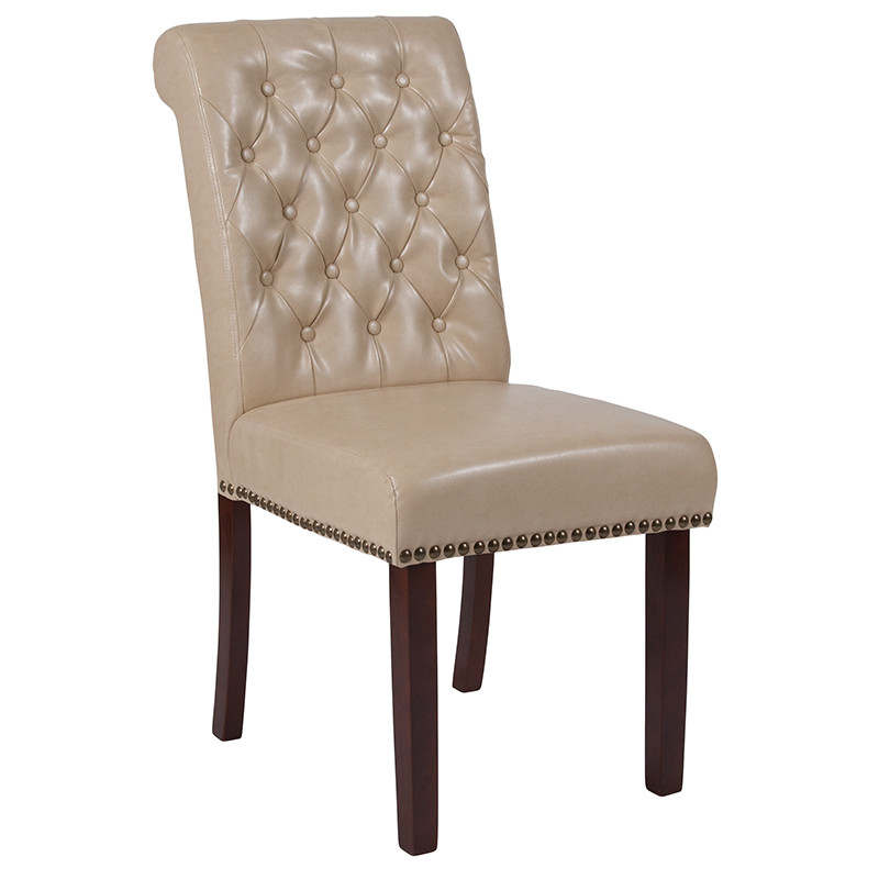 Flash Furniture HERCULES Series Beige LeatherSoft Parsons Chair with Rolled Back, Accent Nail Trim and Walnut Finish, Model# BT-P-BG-LEA-GG