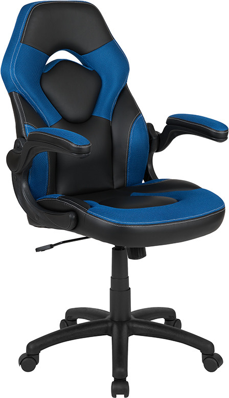 Flash Furniture X10 Gaming Chair Racing Office Ergonomic Computer PC Adjustable Swivel Chair with Flip-up Arms, Blue/Black LeatherSoft, Model#