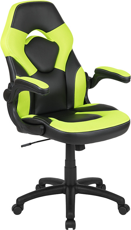 Flash Furniture X10 Gaming Chair Racing Office Ergonomic Computer PC Adjustable Swivel Chair with Flip-up Arms, Neon Green/Black LeatherSoft, Model#