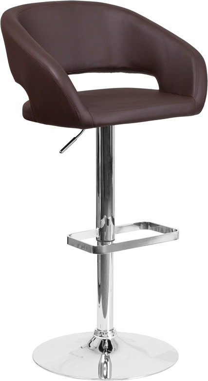 Flash Furniture Contemporary Brown Vinyl Adjustable Height Barstool with Rounded Mid-Back and Chrome Base, Model# CH-122070-BRN-GG