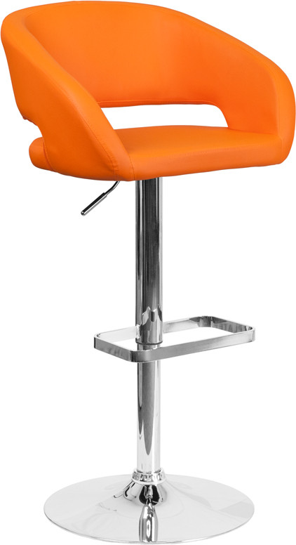 Flash Furniture Contemporary Orange Vinyl Adjustable Height Barstool with Rounded Mid-Back and Chrome Base, Model# CH-122070-ORG-GG