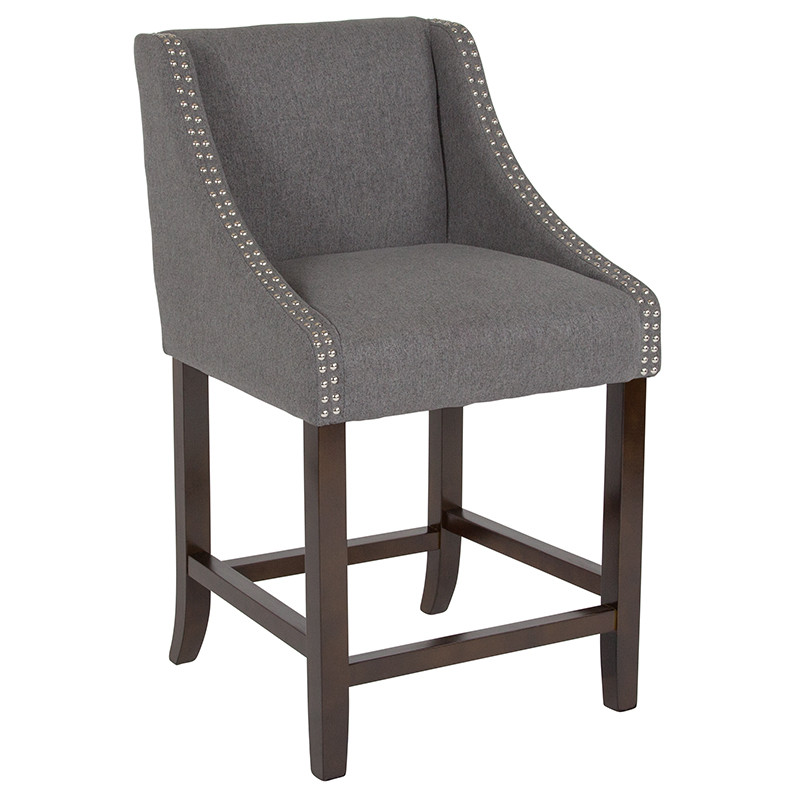 Flash Furniture Carmel Series 24" High Transitional Walnut Counter Height Stool with Accent Nail Trim in Dark Gray Fabric, Model#