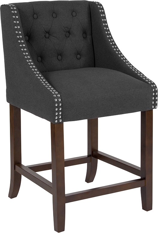 Flash Furniture Carmel Series 24" High Transitional Tufted Walnut Counter Height Stool with Accent Nail Trim in Charcoal Fabric, Model#