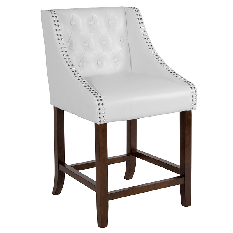 Flash Furniture Carmel Series 24" High Transitional Tufted Walnut Counter Height Stool with Accent Nail Trim in White LeatherSoft, Model#