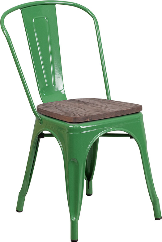 Flash Furniture Green Metal Stackable Chair with Wood Seat, Model# CH-31230-GN-WD-GG