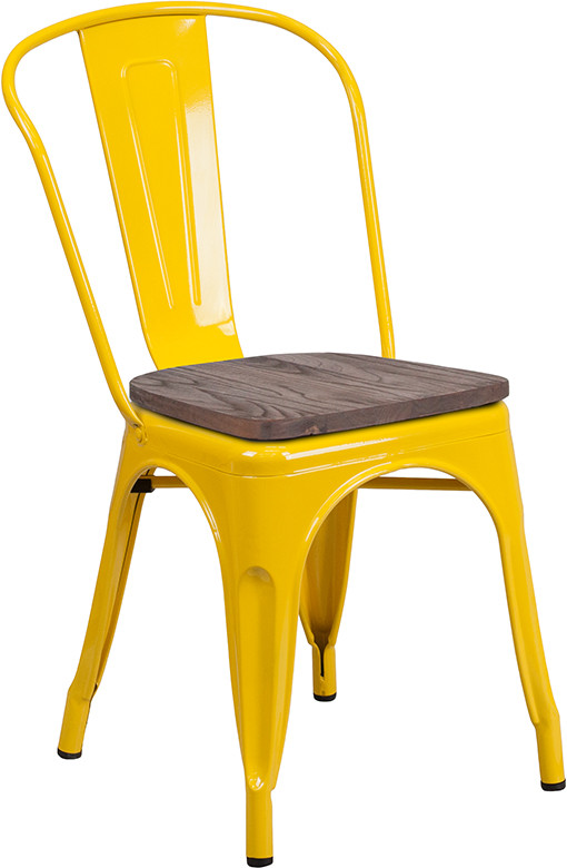 Flash Furniture Yellow Metal Stackable Chair with Wood Seat, Model# CH-31230-YL-WD-GG