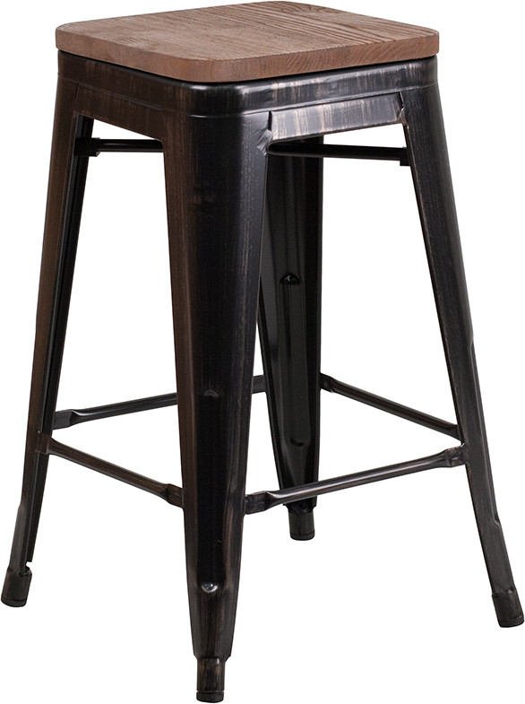 Flash Furniture 24" High Backless Black-Antique Gold Metal Counter Height Stool with Square Wood Seat, Model# CH-31320-24-BQ-WD-GG