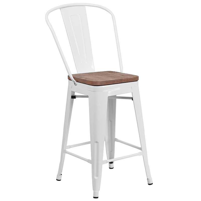 Flash Furniture 24" High White Metal Counter Height Stool with Back and Wood Seat, Model# CH-31320-24GB-WH-WD-GG