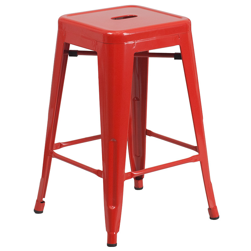 Flash Furniture Commercial Grade 24" High Backless Red Metal Indoor-Outdoor Counter Height Stool with Square Seat, Model# CH-31320-24-RED-GG