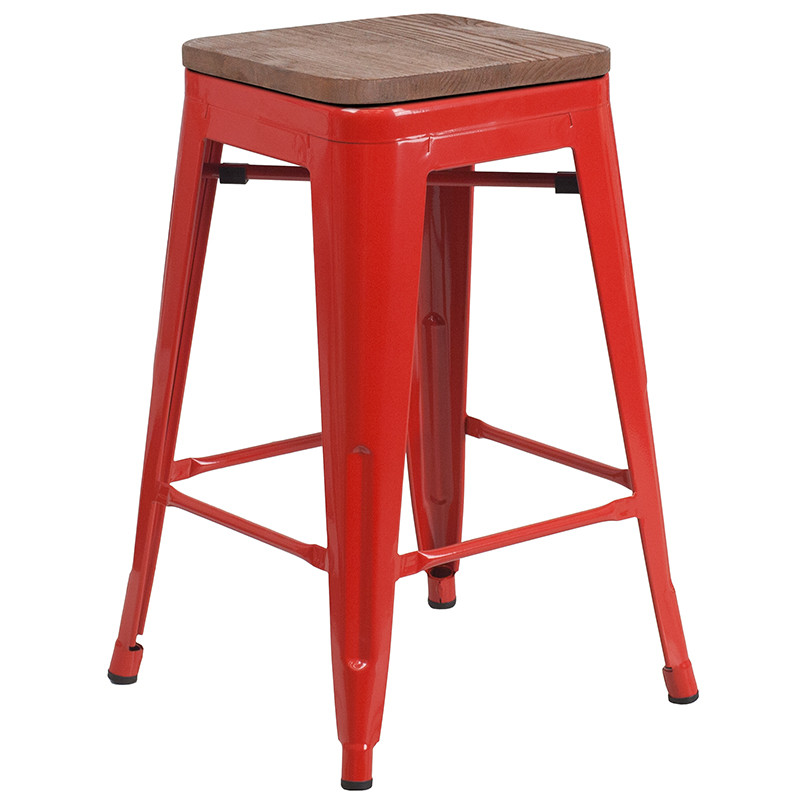 Flash Furniture 24" High Backless Red Metal Counter Height Stool with Square Wood Seat, Model# CH-31320-24-RED-WD-GG