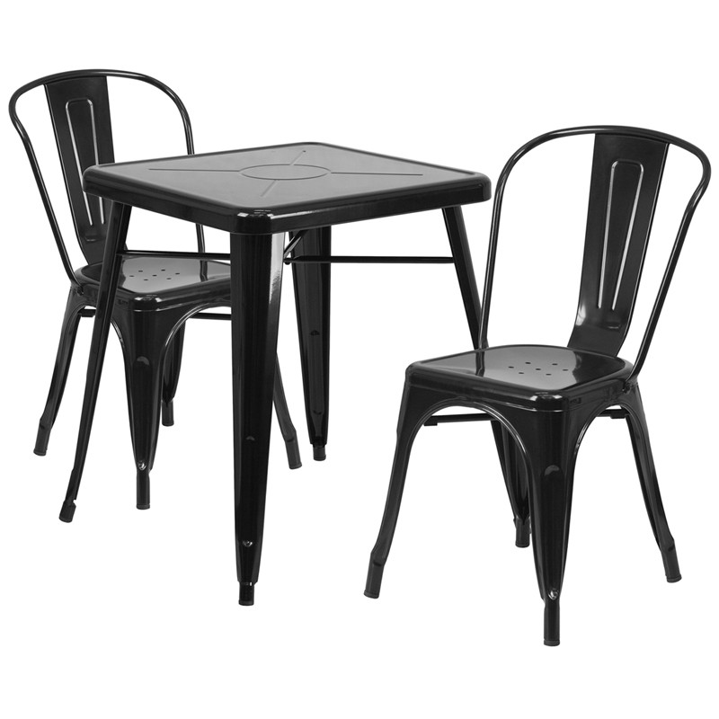 Flash Furniture Commercial Grade 23.75" Square Black Metal Indoor-Outdoor Table Set with 2 Stack Chairs, Model# CH-31330-2-30-BK-GG