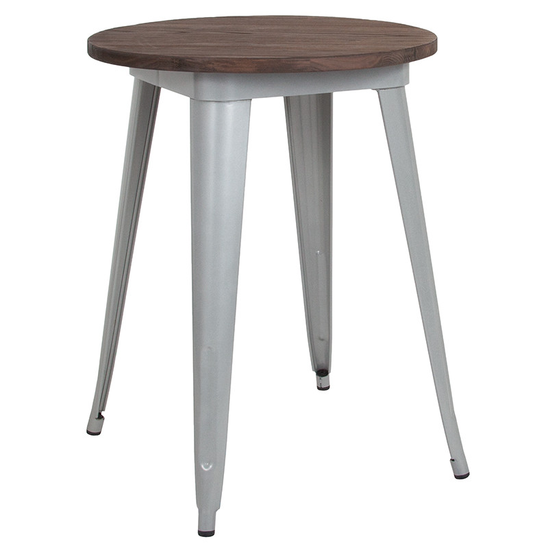 Flash Furniture 24" Round Silver Metal Indoor Table with Walnut Rustic Wood Top, Model# CH-51080-29M1-SIL-GG