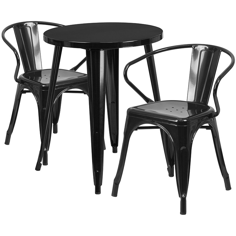 Flash Furniture Commercial Grade 24" Round Black Metal Indoor-Outdoor Table Set with 2 Arm Chairs, Model# CH-51080TH-2-18ARM-BK-GG