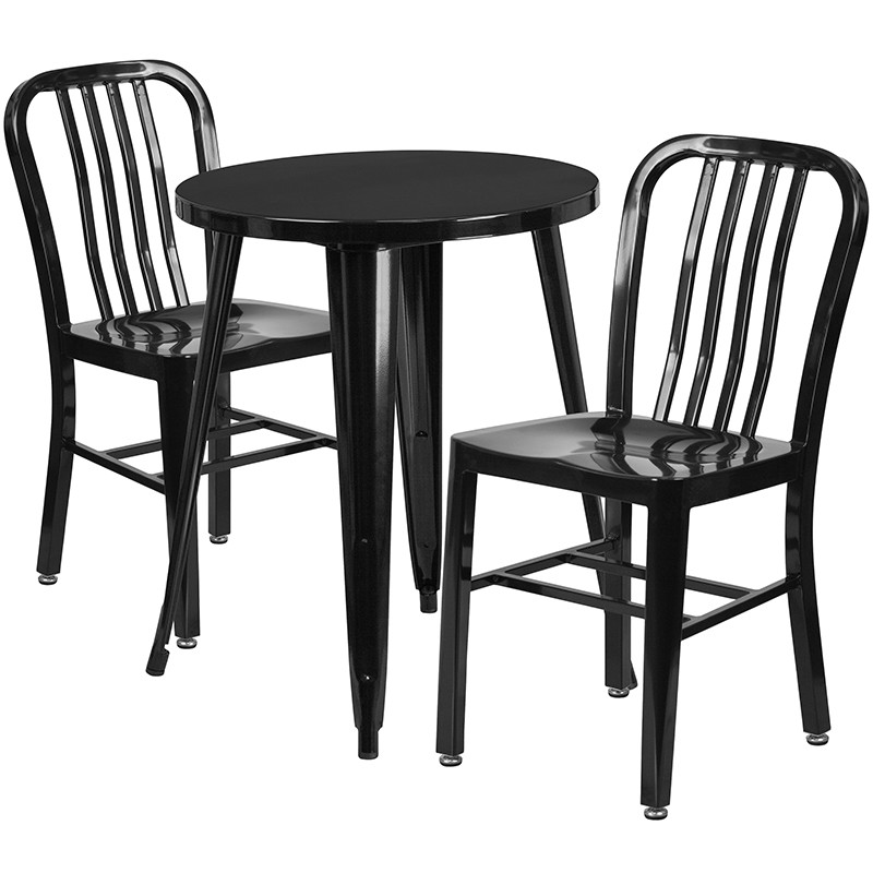 Flash Furniture Commercial Grade 24" Round Black Metal Indoor-Outdoor Table Set with 2 Vertical Slat Back Chairs, Model# CH-51080TH-2-18VRT-BK-GG