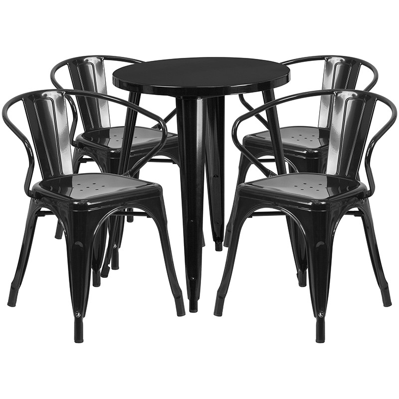 Flash Furniture Commercial Grade 24" Round Black Metal Indoor-Outdoor Table Set with 4 Arm Chairs, Model# CH-51080TH-4-18ARM-BK-GG