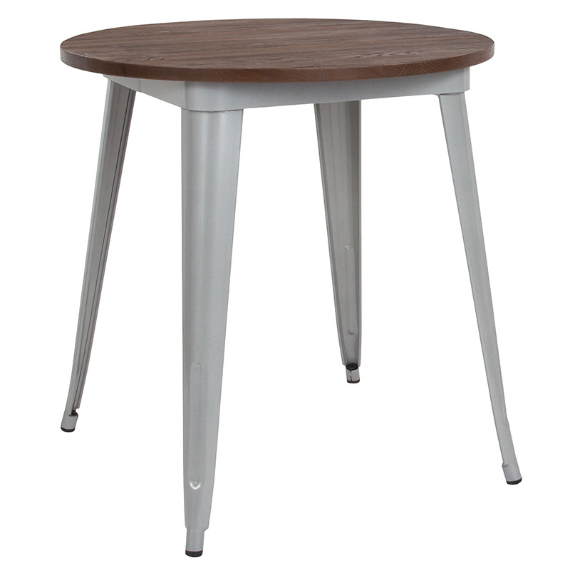 Flash Furniture 30" Round Silver Metal Indoor Table with Walnut Rustic Wood Top, Model# CH-51090-29M1-SIL-GG