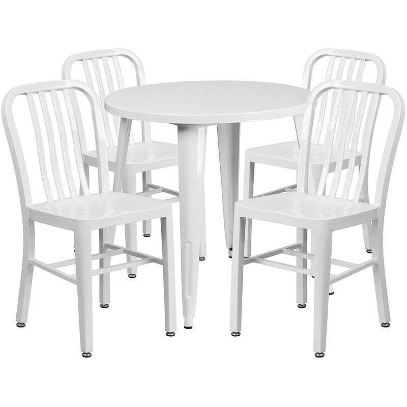 Flash Furniture Commercial Grade 30" Round White Metal Indoor-Outdoor Table Set with 4 Vertical Slat Back Chairs, Model# CH-51090TH-4-18VRT-WH-GG