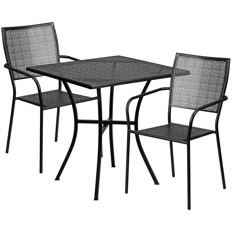 Flash Furniture Commercial Grade 28" Square Black Indoor-Outdoor Steel Patio Table Set with 2 Square Back Chairs, Model# CO-28SQ-02CHR2-BK-GG