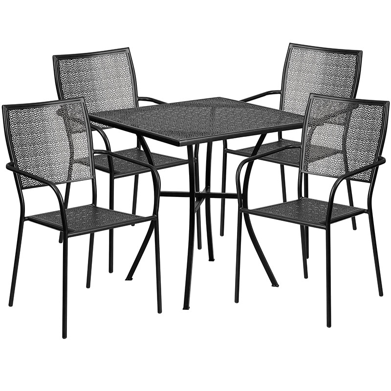 Flash Furniture Commercial Grade 28" Square Black Indoor-Outdoor Steel Patio Table Set with 4 Square Back Chairs, Model# CO-28SQ-02CHR4-BK-GG