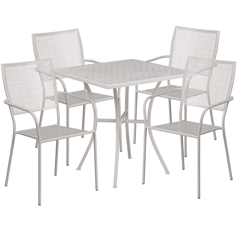 Flash Furniture Commercial Grade 28" Square Light Gray Indoor-Outdoor Steel Patio Table Set with 4 Square Back Chairs, Model#