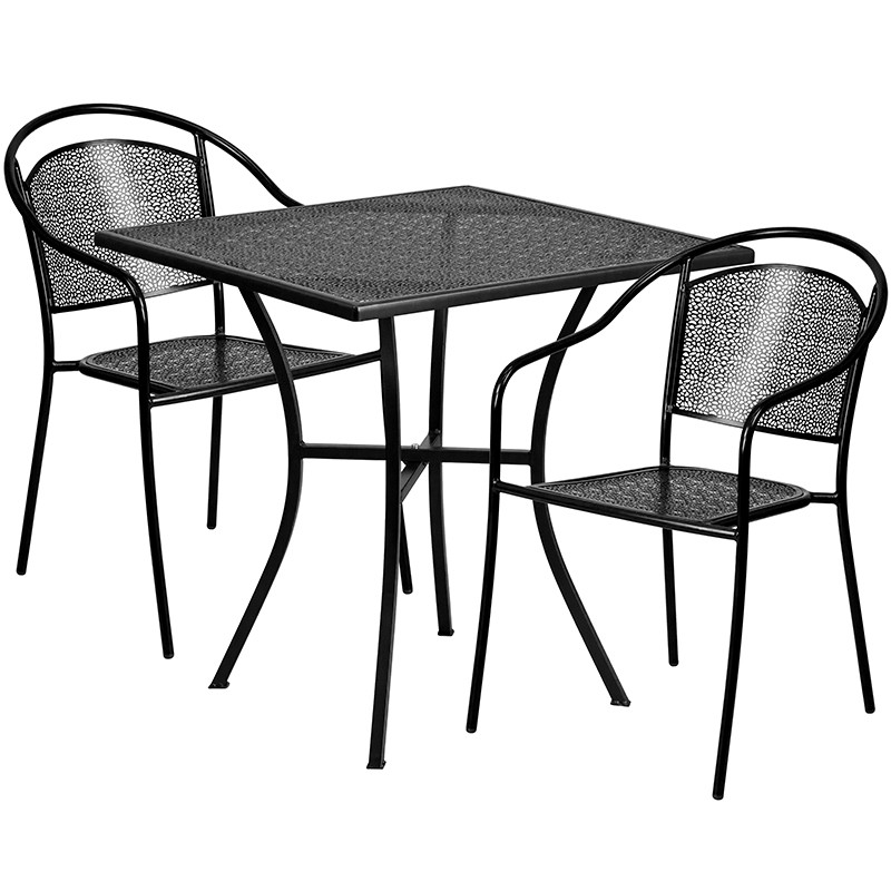 Flash Furniture Commercial Grade 28" Square Black Indoor-Outdoor Steel Patio Table Set with 2 Round Back Chairs, Model# CO-28SQ-03CHR2-BK-GG