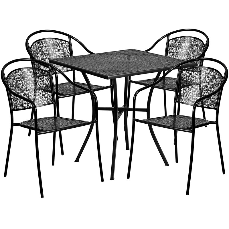 Flash Furniture Commercial Grade 28" Square Black Indoor-Outdoor Steel Patio Table Set with 4 Round Back Chairs, Model# CO-28SQ-03CHR4-BK-GG