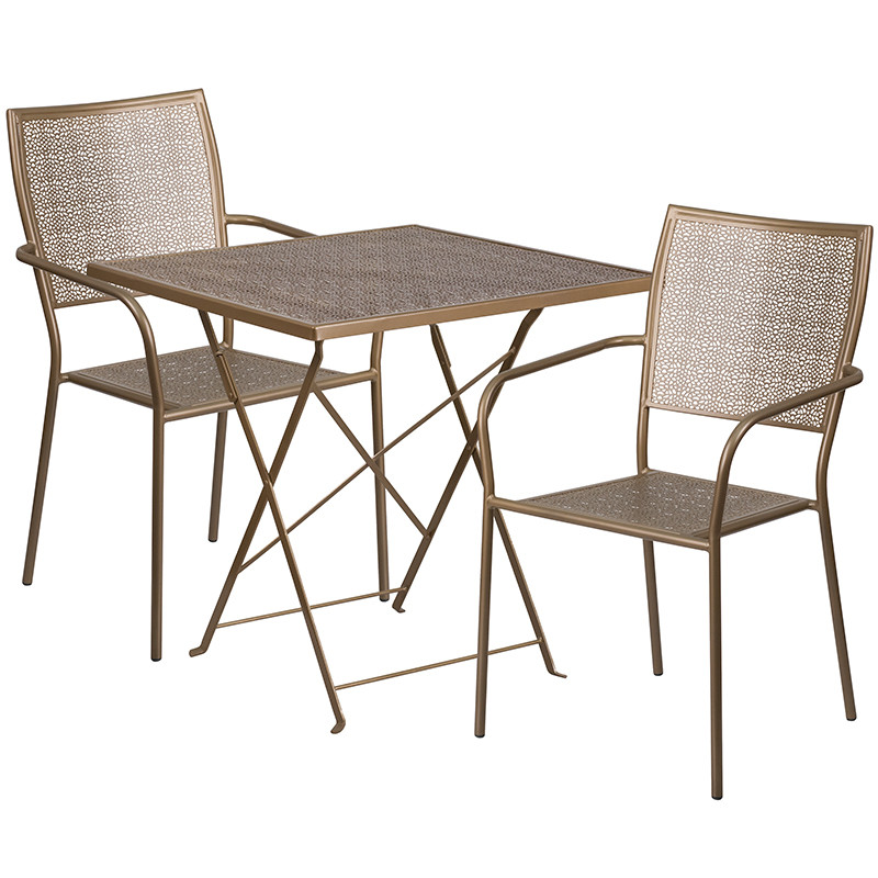 Flash Furniture Commercial Grade 28" Square Gold Indoor-Outdoor Steel Folding Patio Table Set with 2 Square Back Chairs, Model#