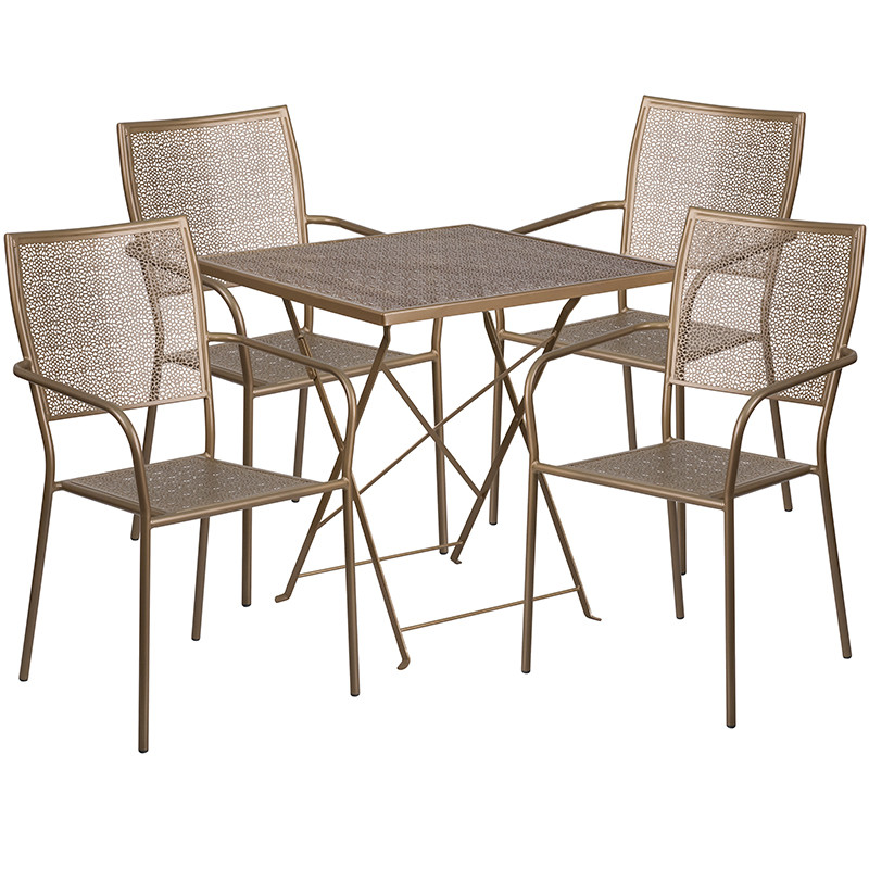 Flash Furniture Commercial Grade 28" Square Gold Indoor-Outdoor Steel Folding Patio Table Set with 4 Square Back Chairs, Model#